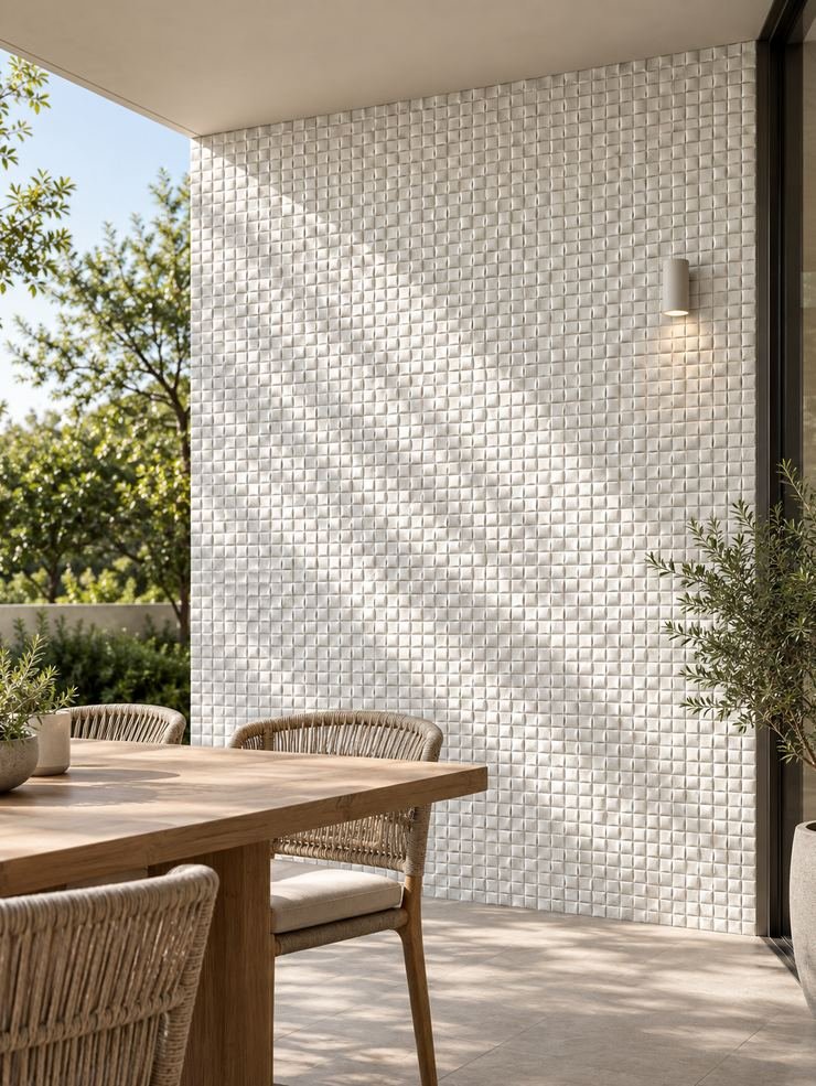 Travertine Mosaic on a wall beside a dining table, in afternoon light