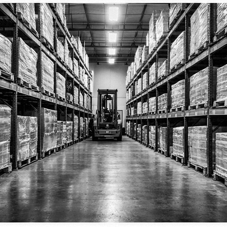 A warehouse aisle of racked pallets with a forklift in the distance, black and white