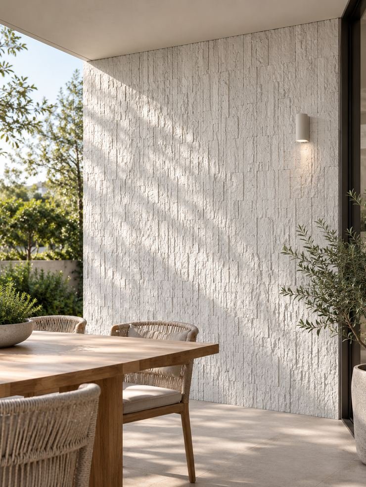 Stacked Stone on a wall beside a dining table, in afternoon light