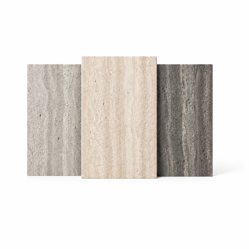Strata series — three travertine panels in pale grey, cream and charcoal