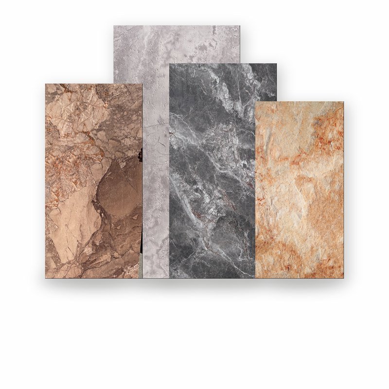 Marble series — four marble panels, tan, pale grey, charcoal and peach