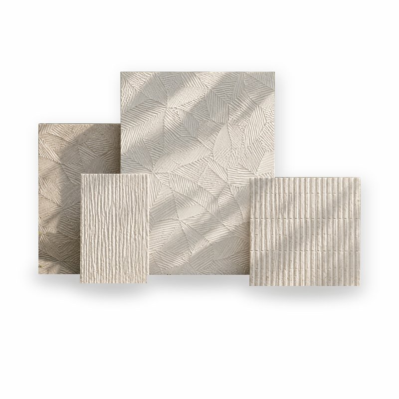 Weave series — four relief panels, leaf, fluted and ribbed, in pale stone